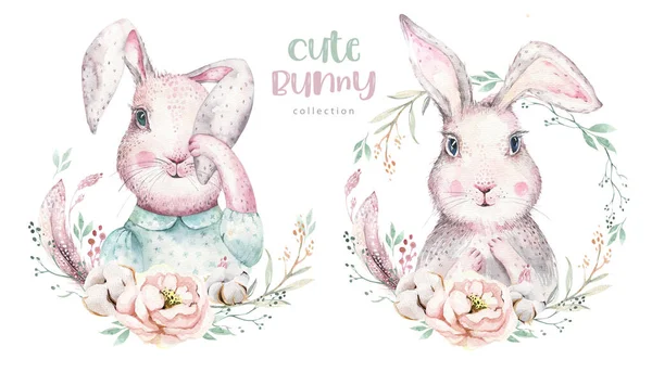 Hand drawing easter watercolor cartoon bunnies with leaves, branches and feathers. indigo Watercolour rabbit holiday illustration in vintage boho style. bunny card. — Stock Photo, Image