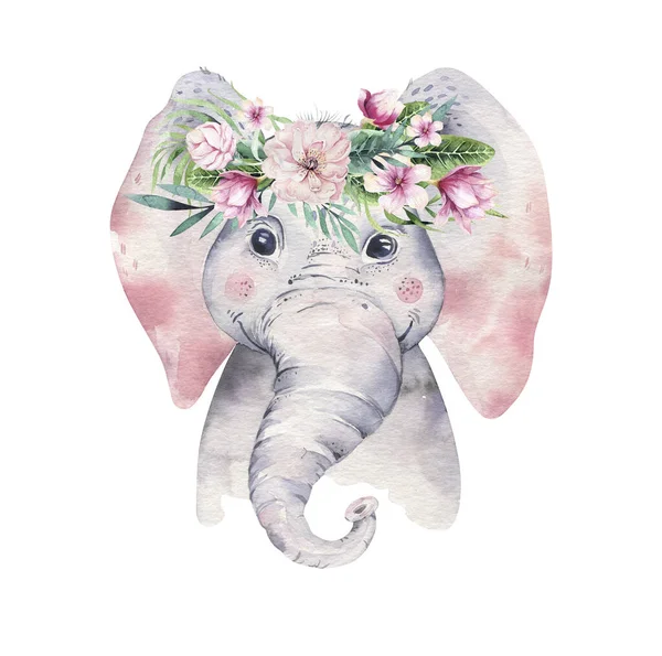 Plakát s dětskou slonem. Akvarel, kreslený sloní tropický obrázek. Letní tisk v džungli. — Stock fotografie
