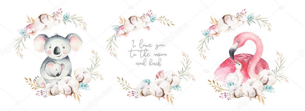 Watercolor cute cartoon illustration with cute mommy flamingo and baby, flower leaves. Mother and baby illustration bird design. Tropical mom bird Stock Image