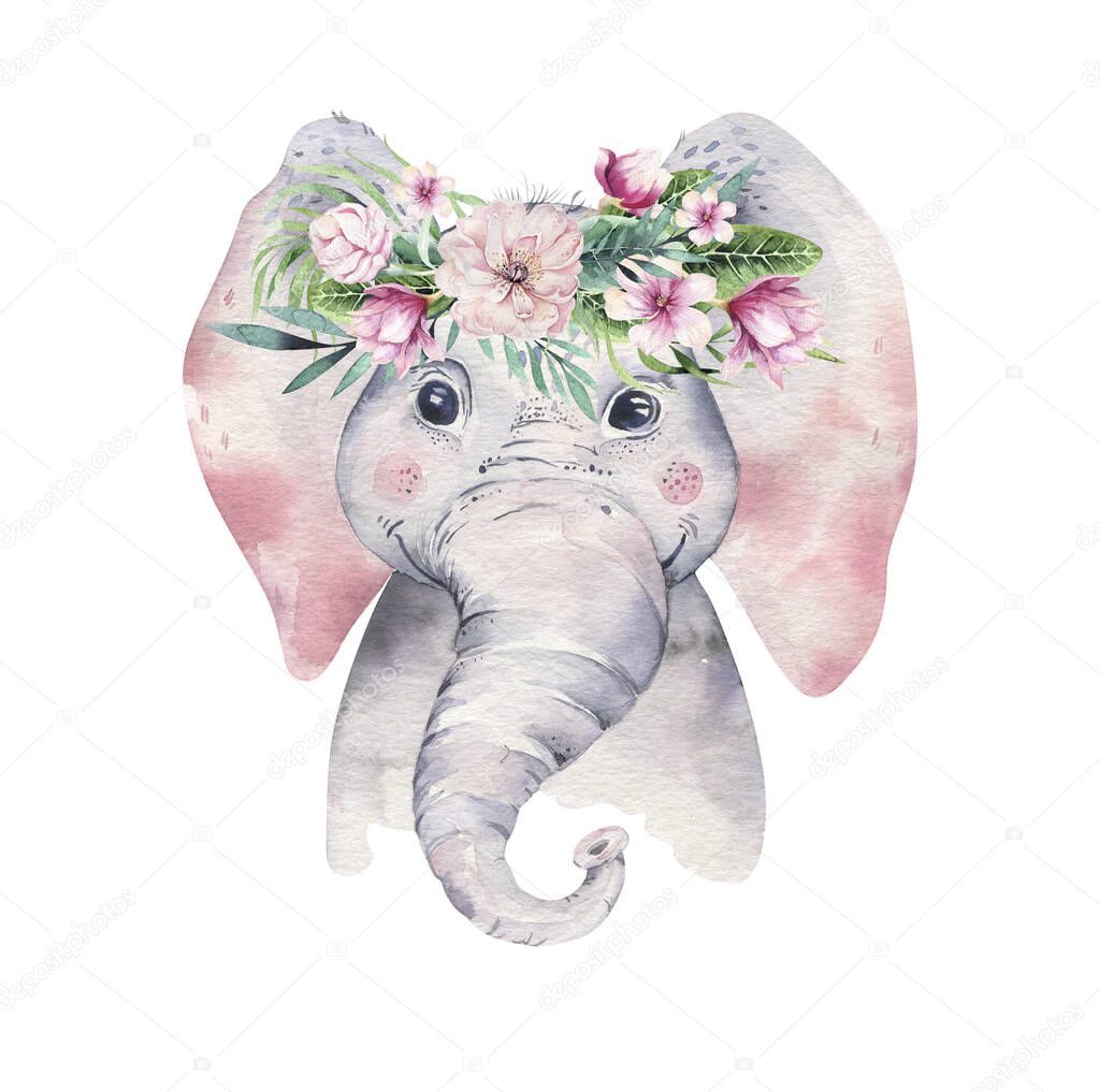 A poster with a baby elephant. Watercolor cartoon elephant tropical animal illustration. Jungle exotic summer print.