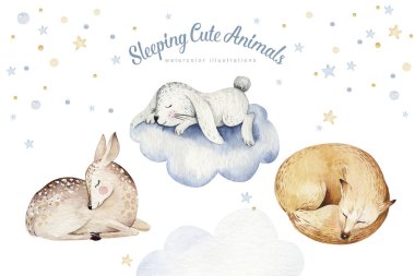 Tatlı rüyalı karikatür hayvan geyiği, ayı eli çizilmiş suluboya çizimi. Uyuyan tavşan karakteri çocuk yuvası moda tasarımı, bebek çizgi filmi ve tilki giysisi