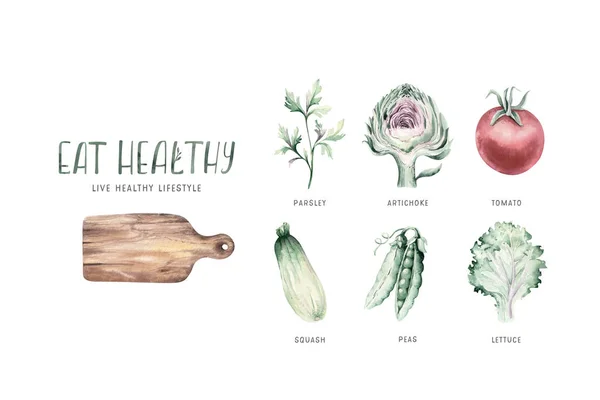 Zöldségek egészséges organikus akvarell fa vágódeszka petrezselyemmel, articsóka, hagyma, borsó és avokádó paradicsom rozmaring illusztráció. Izolált saláta és retek. vázlat — Stock Fotó
