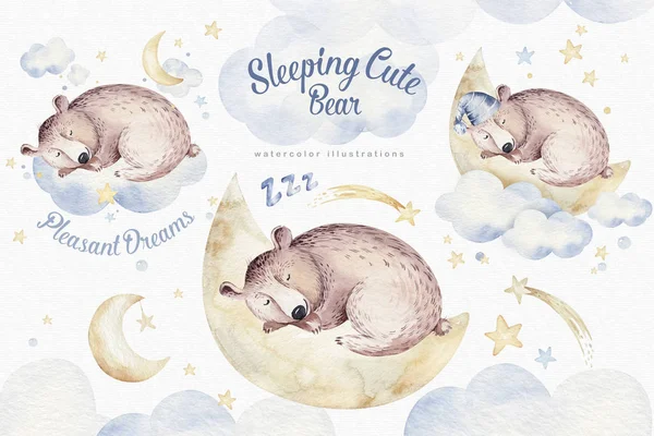 Cute dreaming cartoon animal hand drawn watercolor illustration. Sleeping charecher kids nursery wear fashion design, baby shower invitation