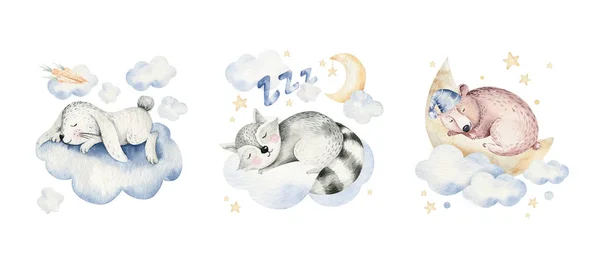 Cute dreaming cartoon animal deer, bear hand drawn watercolor illustration. Sleeping rabbit charecher kids nursery wear fashion design, baby cartoon and fox