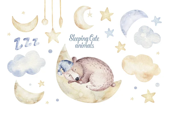 Cute dreaming cartoon animal hand drawn watercolor illustration. Sleeping charecher kids nursery wear fashion design, baby shower invitation card. — Stockfoto