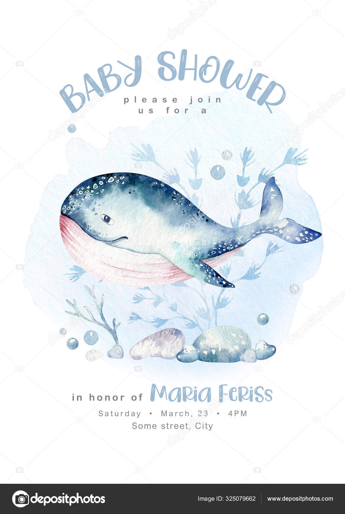 Animales Marinos Bebé Ducha Cartel Acuarela Azul Peces Del Océano  Ilustración de stock #325079662 de ©mykef, image size:1143x1700