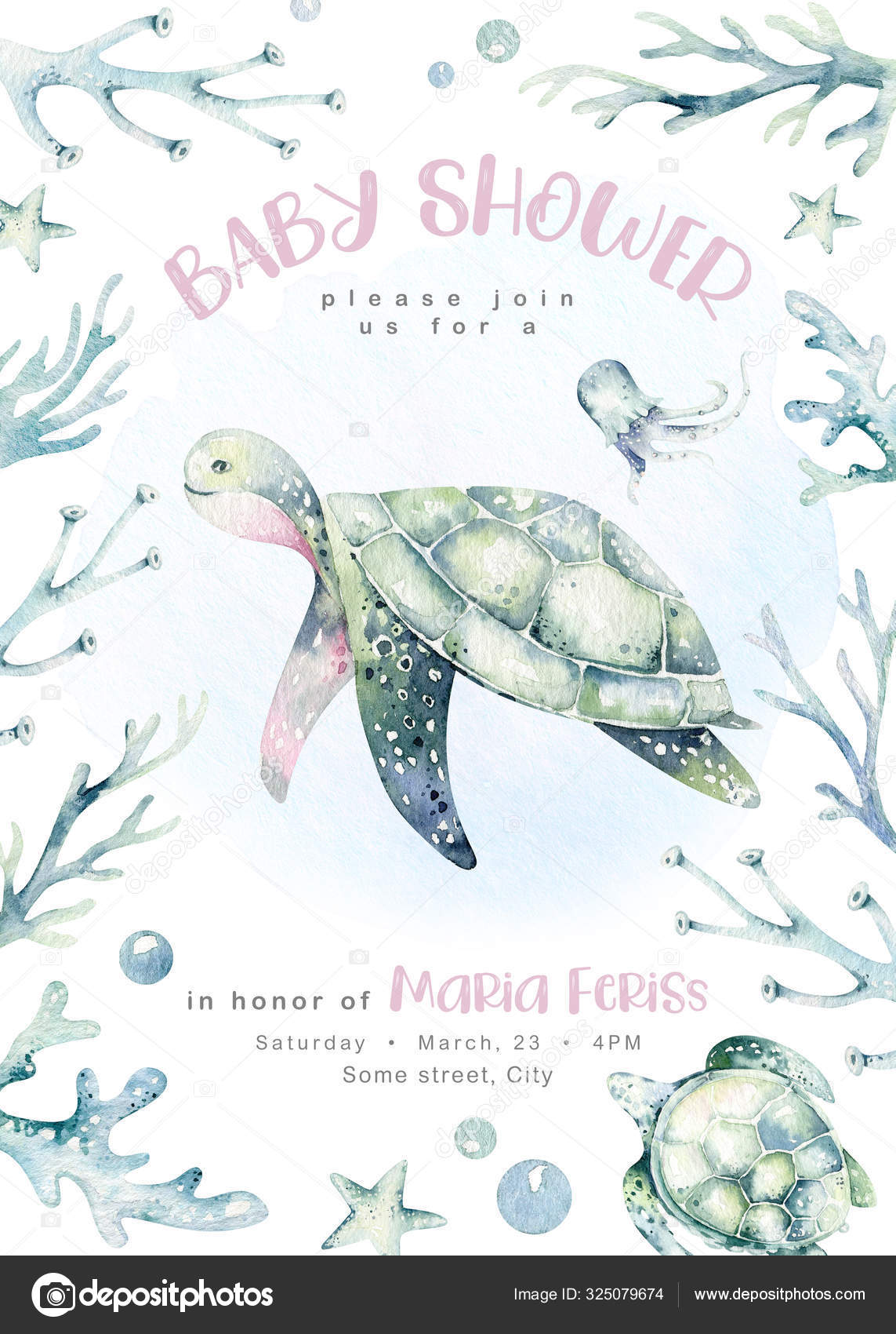 Download Sea Animals Baby Shower Poster Blue Watercolor Ocean Fish Turtle Stock Photo Image By C Mykef 325079674