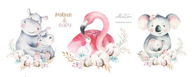 Sevimli anne flamingo ve bebek ile Suluboya sevimli karikatür illüstrasyon, çiçek çelenk bırakır. Anne su aygırı ve bebek illüstrasyon kuş tasarımı. Tropikal anne koala dekorasyon