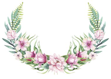 Suluboya el tropik bitki ve çiçekler ile çiçek buket çizilmiş