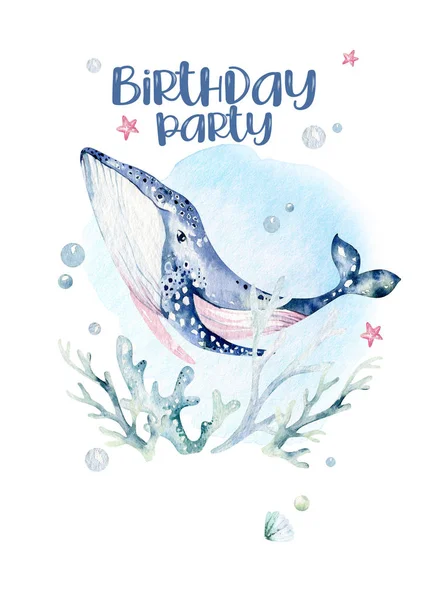 Deniz Hayvanları Akvaryumu Bebek Doğum Günü Posteri Mavi Suluboya Okyanus — Stok fotoğraf