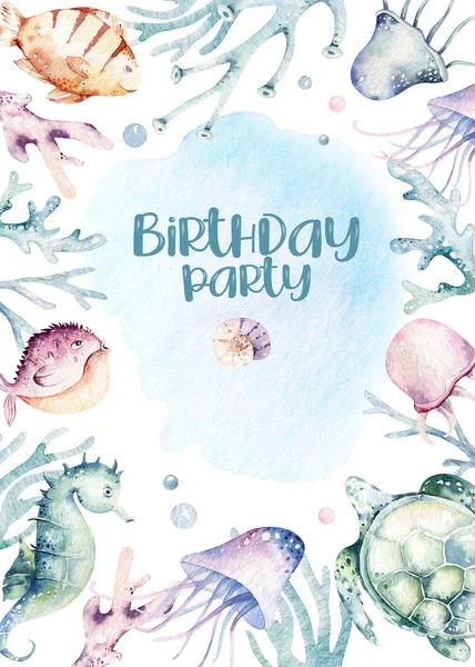 Animais Marinhos Aquário Bebê Feliz Cartaz Aniversário Azul Aquarela Oceano — Fotografia de Stock