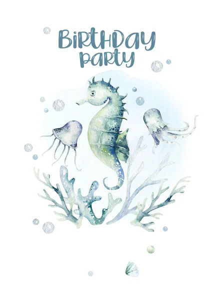 Deniz Hayvanları Akvaryumu Bebek Doğum Günü Posteri Mavi Suluboya Okyanus — Stok fotoğraf
