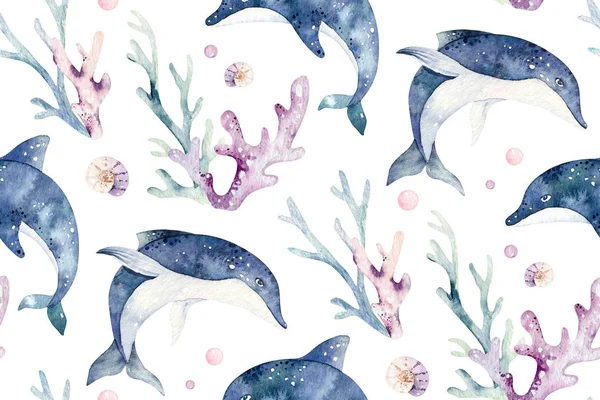 Mořská Zvířata Modrá Akvarel Oceán Bezešvé Pettern Ryby Želvy Velryby — Stock fotografie
