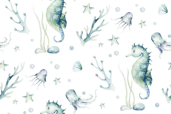 Sea animals blue watercolor ocean seamless pettern fish, turtle, whale and coral. Shell aquarium background. Nautical marine illustration