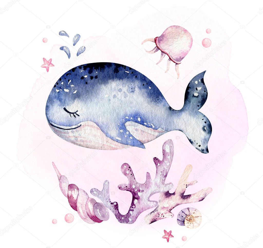 Set of sea animals. Blue watercolor ocean fish, turtle, whale and coral. Shell aquarium background. Nautical marine illustration