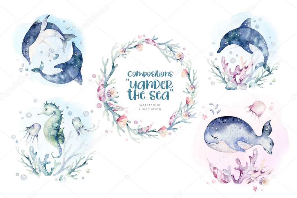 Set of sea animals. Blue watercolor ocean fish, turtle, whale and coral. Shell aquarium background. Nautical dolphin marine illustration, jellyfish, starfish