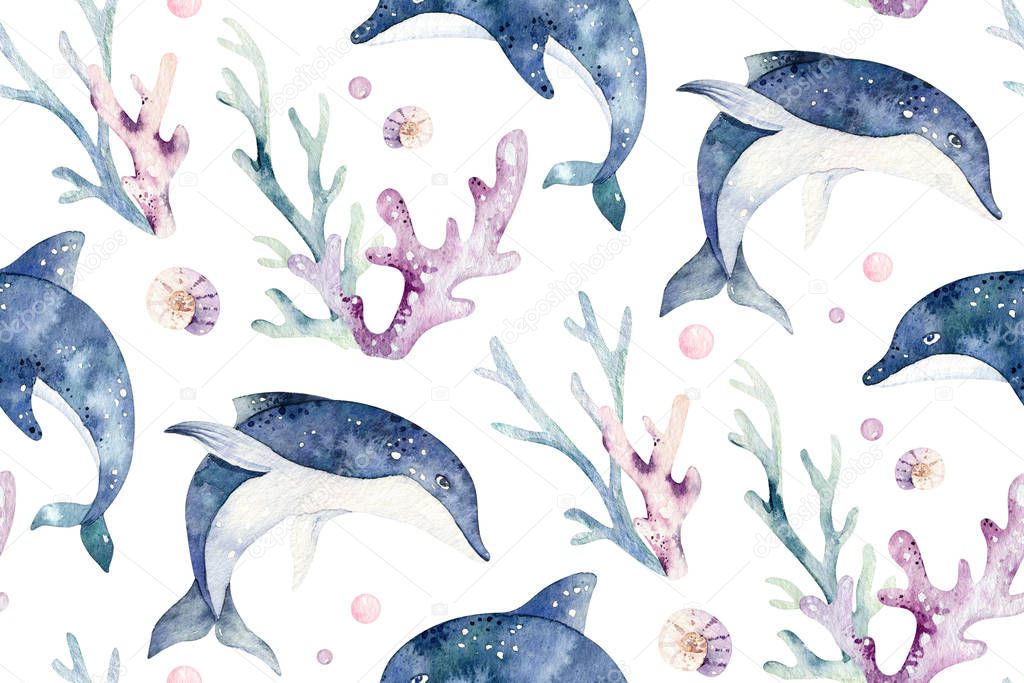 Sea animals blue watercolor ocean seamless pettern fish, turtle, whale and coral. Shell aquarium background. Nautical marine illustration