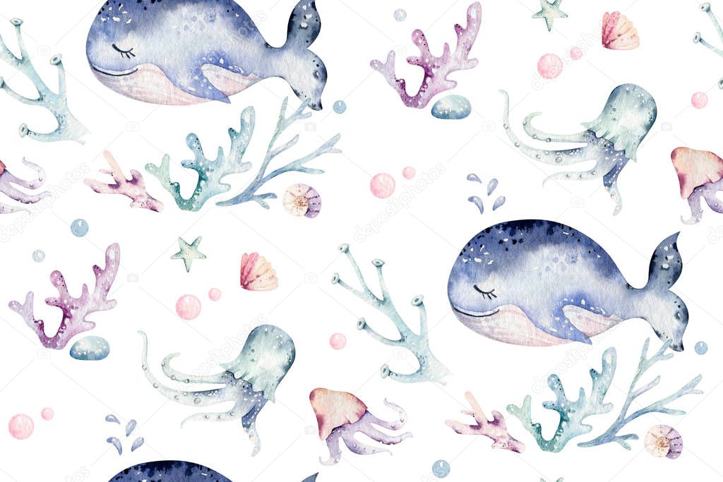 Sea animals blue watercolor ocean seamless pettern fish, turtle, whale and coral. Shell aquarium background. Nautical marine illustration