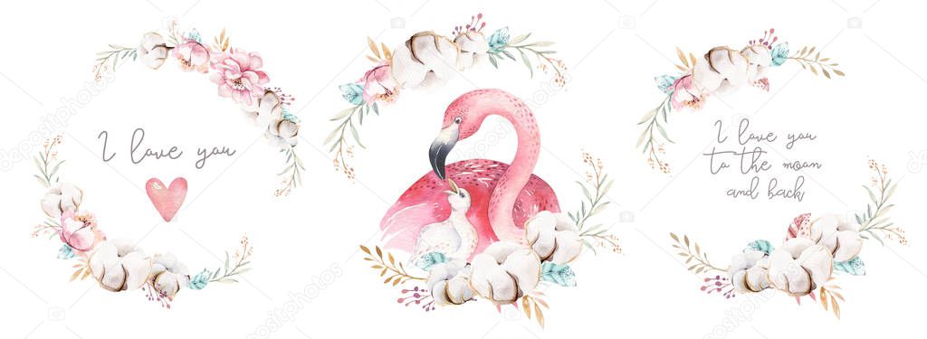 Watercolor Illustration Cute Mommy Flamingo Baby Flovers Ribbon Leaves Royalty Free Stock Photos