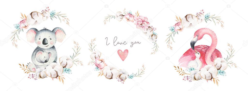Watercolor Illustration Cute Mommy Flamingo Baby Flovers Ribbon Leaves Stock Picture