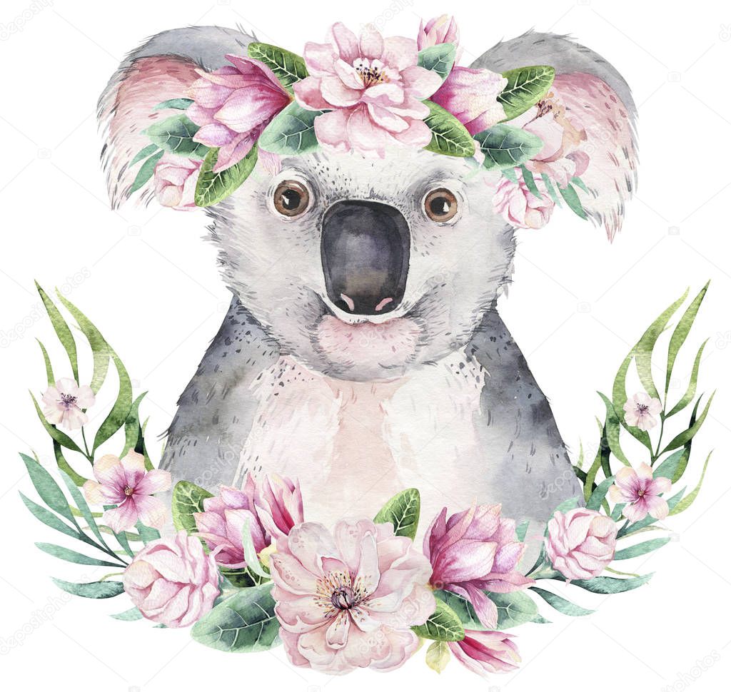 A trendy poster with a koala. Watercolor cartoon koala tropical animal illustration. Jungle exotic summer print.