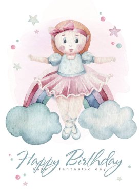 Bebek partisi suluboya kız tasarım elementleri. Bebek pembe doğum günü illüstrasyonları. Yeni doğan çocuk partisi daveti