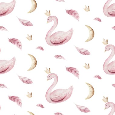 Bebek partisi çocuğu Swanfloral suluboya kız kusursuz desenli kelebek çizgi film elementleri. Bebek pembe elbisesi ve bebek botlarının doğum günü illüstrasyonları. Yeni doğan gökkuşağı partisi daveti