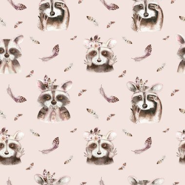 Tüylü suluboya boho çiçeksiz desenli rakun. bohem doğal arka plan: yapraklar, tüyler, çiçekler, sanatsal desenler. Evlilik tasarımı, çocuk odası çizimi