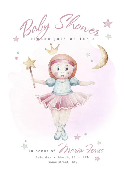ベビーシャワー水彩ガールデザイン要素 赤ちゃんピンクの誕生日イラストのセット 新生児パーティー招待状 — ストック写真