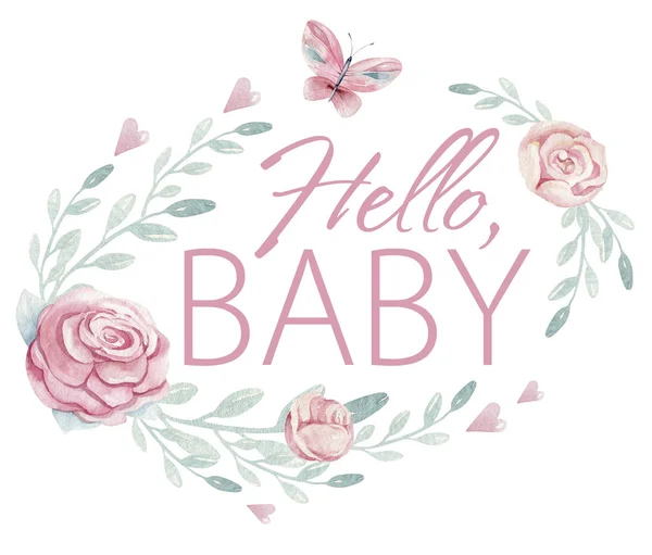 Baby Doccia Acquerello Ragazza Elementi Design Set Illustrazione Compleanno Rosa — Foto Stock