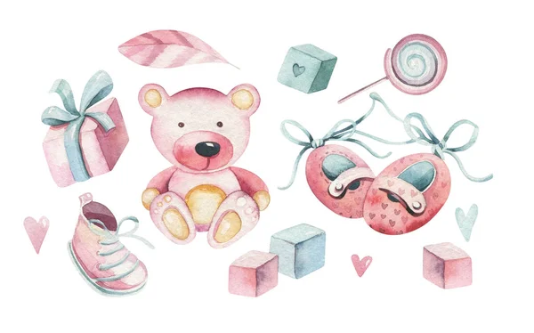 Baby Shower Kind Schwan Aquarell Mädchen Design Schmetterling Cartoon Elemente — Stockfoto