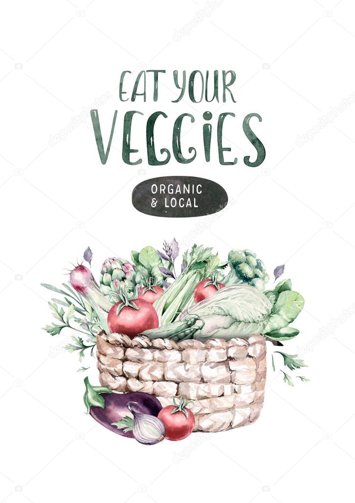 Vegetables healthy organic watercolor wooden box and Wicker basket with bell pepper, leek, onion and avocado vitamin illustration. Isolated lettuce and radish sketch eggplant mushroom veggies