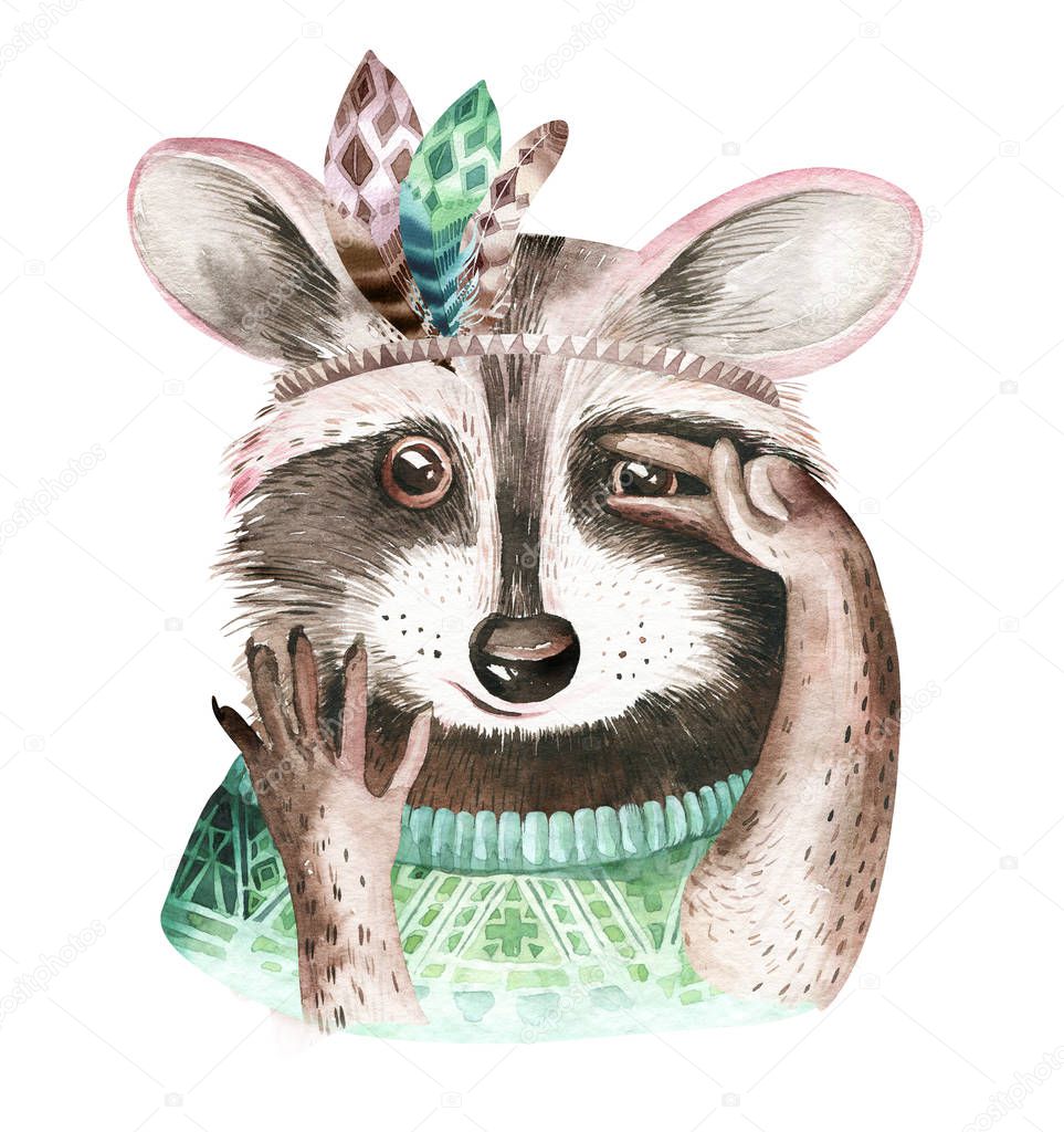 Watercolor boho floral isolated raccoon with feather. bohemian natural background: leaves, feathers, flowers, Artistic decoration illustration. weddign design, nursery illustration