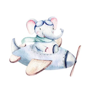 Suluboya, uçaklar, helikopterler, balonlar ve bulutlarla tamamlanmış şirin ve süslü bir gökyüzü sahnesinin arkaplan çizimi. Erkek modeli. Bebek partisi illüstrasyonu.