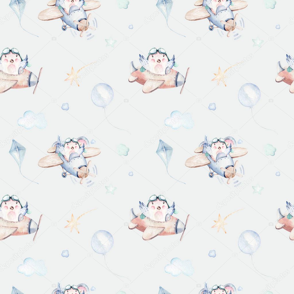 Watercolor set background illustration of a cute and fancy sky scene complete with airplanes, helicopters and balloons, clouds. Boy pattern. It's a baby shower illustration