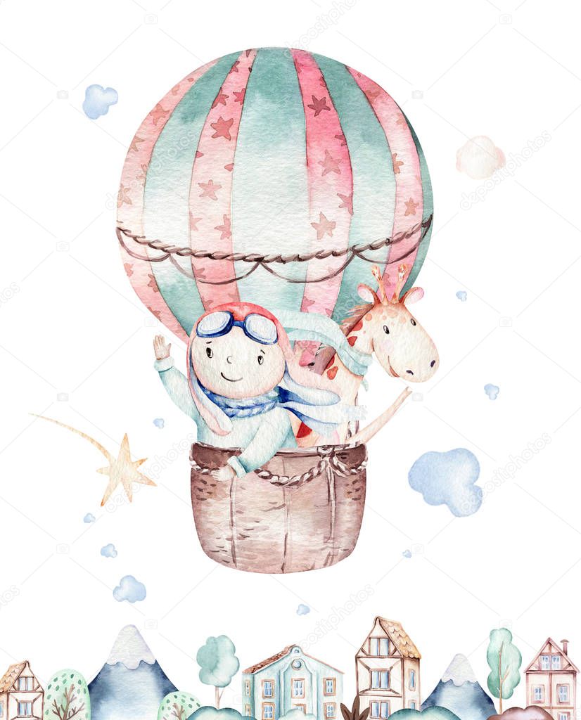 Watercolor balloon set baby cartoon cute pilot aviation illustration. sky transport balloons with giraffe and elephant, koala, bear and bird, cloud. childish baby boy shower illustration