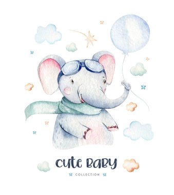 Suluboya set bebek çizgi film şirin pilot arka plan çizimi süslü hava taşımacılığının balonlarla, bulutlarla tamamlanmış hali. Çocuksu çocuk modeli. Bebek partisi illüstrasyonu.