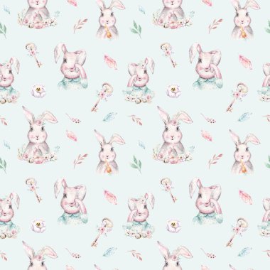 Yaprakları, dalları ve tüyleri olan Paskalya suluboya çizgi film tavşanları. İndigo suluboya tavşan bayramı resmi klasik boho tarzında. tavşan kartı..