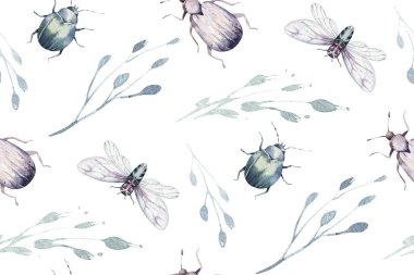 Set of watercolor bright beetles seamless pattern, bugs fly and bees. Isolated colorful cartoon buttle and bug. Insect set decoration clipart