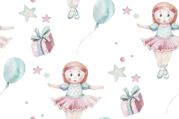Μωρό ντους παιδί κύκνος κορίτσι ακουαρέλα αδιάλειπτη μοτίβο πεταλούδα στοιχεία κινουμένων σχεδίων. Σύνολο του μωρού ροζ φόρεμα και babys bootees εικονογράφηση γενεθλίων. Νεογέννητο ουράνιο τόξο πρόσκληση κόμμα — Φωτογραφία Αρχείου