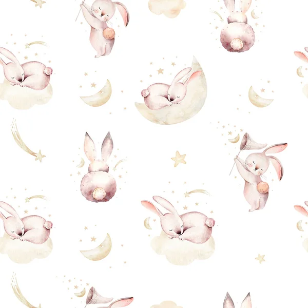 Cute baby rabbit animal seamless dream pattern comet with gold starsin night sky, forest bunny illustration for children clothing. Nursery Wallpaper background Woodland watercolor Hand drawn image for — 스톡 사진