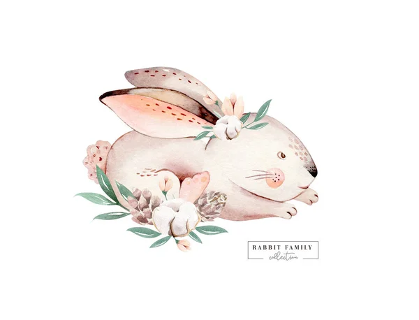 Acquerello Happy Easter baby bunnies design con fiore di fiori primaverili. Coniglio coniglietto bambini illustrazione isolato. Disegnato a mano Pasqua cartoni animati foresta lepre animale coniglietto vacanza divertente decorazione. Vivaio — Foto Stock