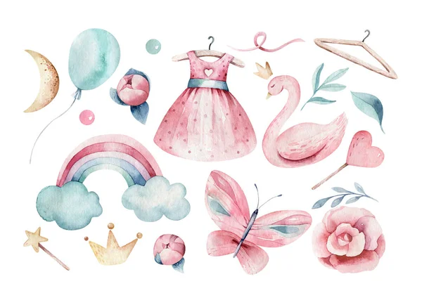 宝宝淋浴小天鹅水彩画女孩设计蝴蝶卡通片元素。 一套婴儿粉色连衣裙和婴儿靴的生日插图。 新婚彩虹派对邀请函 — 图库照片