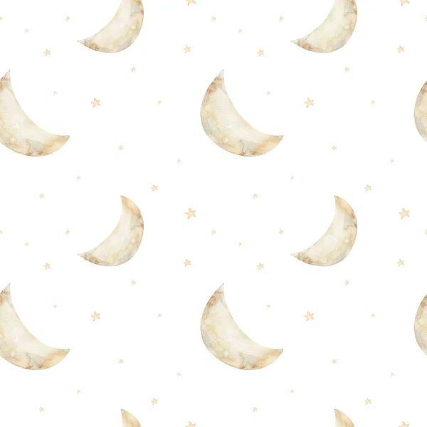 Watercolor seamless pattern moon and stars. Nursery wallpaper childrens room. Kids Good night. Baby boy and girl sleeping shower party elements. Perfect for prints, postcards, greeting cards, fabric — Stockfoto