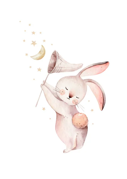 Akvarell Glad påsk baby kaniner design med fjäder blomma. Kanin kanin barn illustration isolerad. Hand dras påsk tecknad skog hare djur kanin semester rolig dekoration. Plantskola — Stockfoto