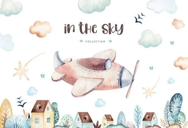 水彩画集宝宝卡通人物可爱的飞行员航空背景图上，华丽的天空飘扬着飞机气球、云朵。孩子气的男孩模式。这是一个婴儿淋浴间的例子 — 图库照片