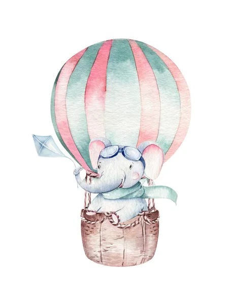 Acuarela globo conjunto bebé dibujos animados lindo piloto aviación ilustración. globos de transporte del cielo con jirafa y elefante, koala, oso y pájaro, nubes. infantil bebé chico ducha ilustración —  Fotos de Stock