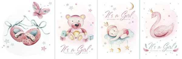 Baby-Dusche Aquarell Mädchen Design-Elemente. Set von Baby rosa Geburtstag Illustration. Einladung zur Party für Neugeborene — Stockfoto