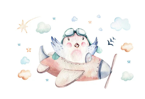 Watercolor set baby cartoon cute pilot aviation background illustration of fancy sky transport complete with airplanes balloons, clouds. childish Boy pattern. Its a baby shower illustration — 스톡 사진