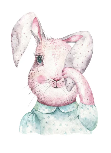 Dibujo a mano conejitos de dibujos animados acuarela de Pascua con hojas, ramas y plumas. índigo Acuarela conejo vacaciones ilustración en estilo boho vintage. tarjeta de conejo . —  Fotos de Stock